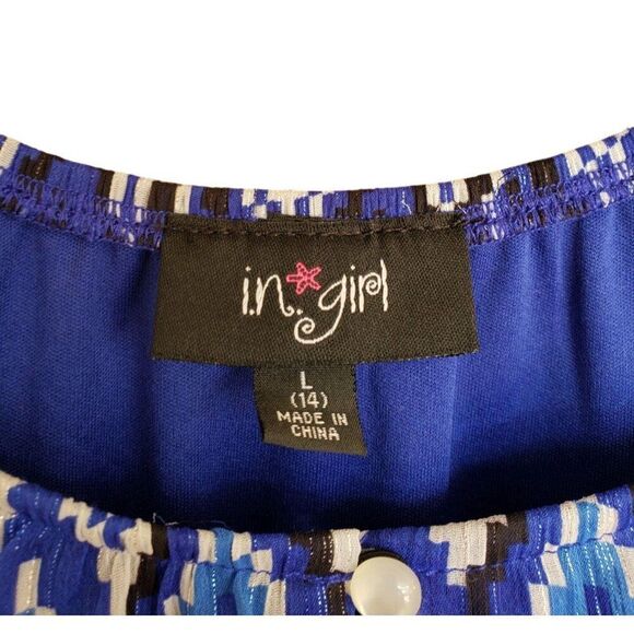 I.N. Girl Lg Tie-Front Blouse 14 Blue Chevron Long Sleeve Cottage Zig Zag Top - Picture 3 of 5